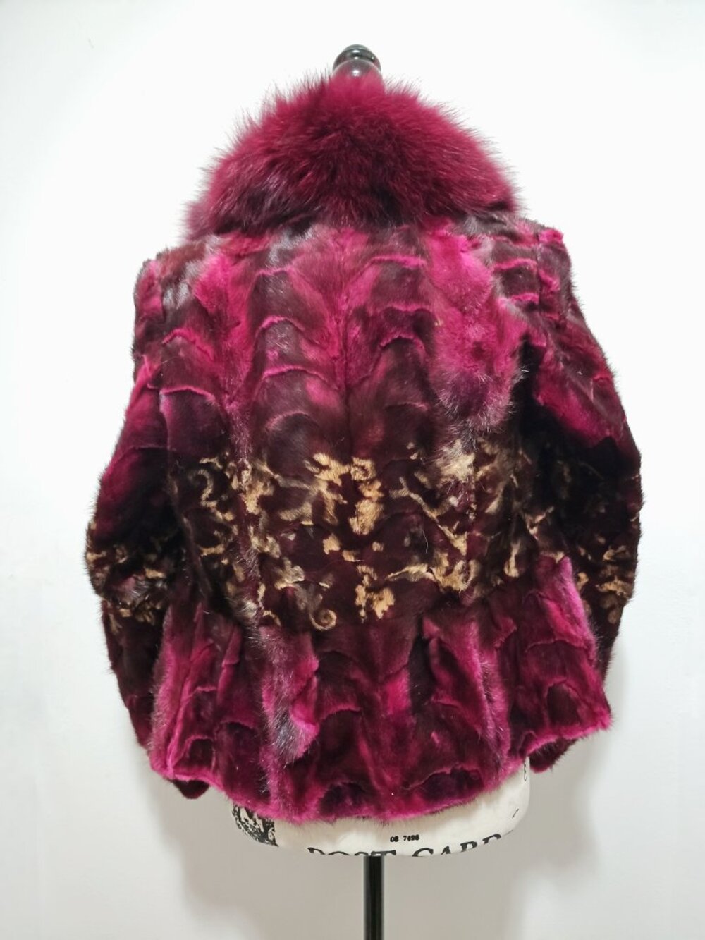 NewReal Mink Fur Coat Striped Mosaic Pieced Wine Red Burgundy Magenta Plum Fox - Picture 3 of 5